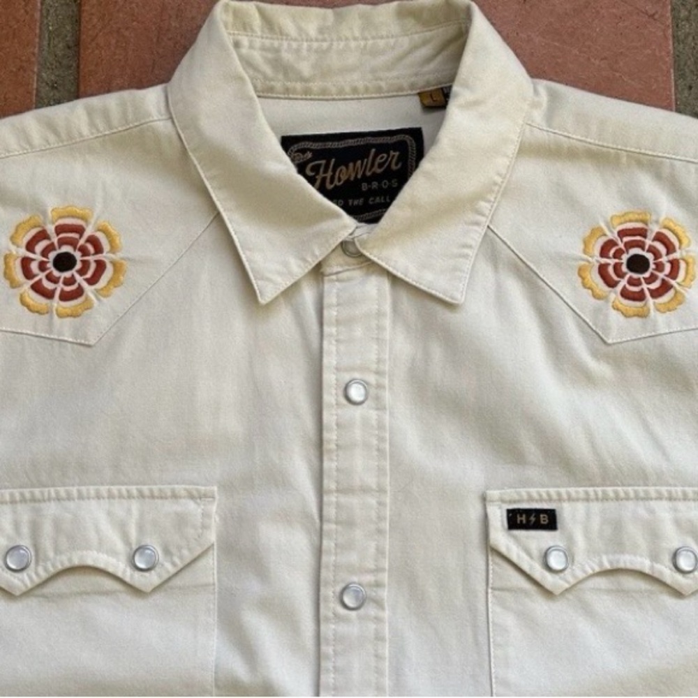 Howler Brothers Tan Floral Embroidered Shirt